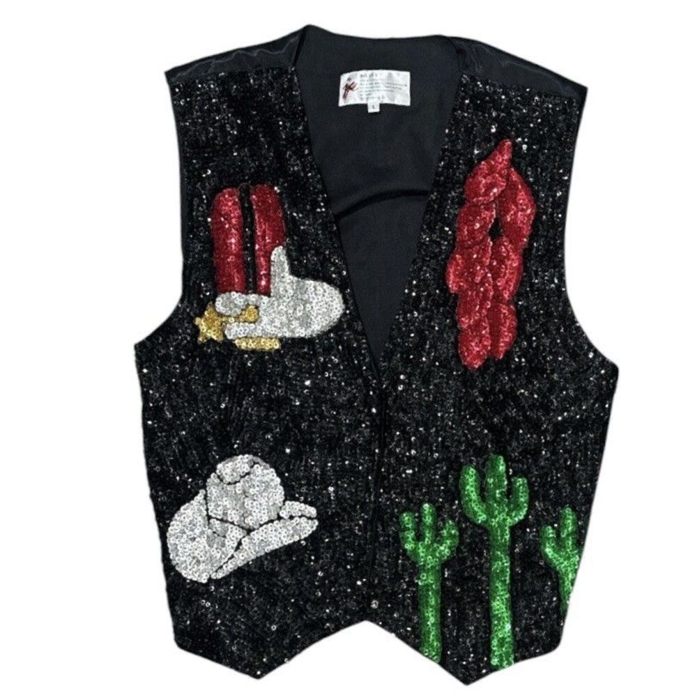 Vintage 90s Sequin Western Vest Cowboy Boots Cactus Rodeo Black Party Size L